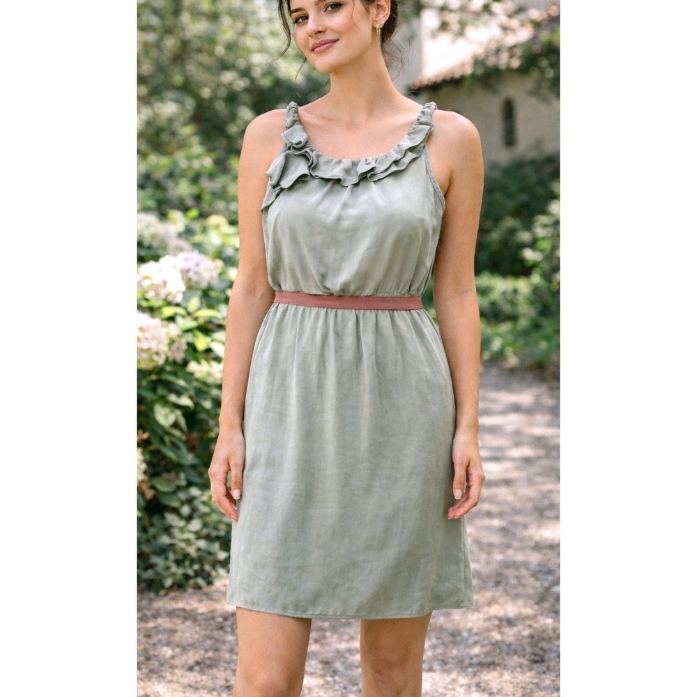 LOFT Sage Green Silk Ruffle Sleeveless Dress Gray Waist Dress Women's Size 16